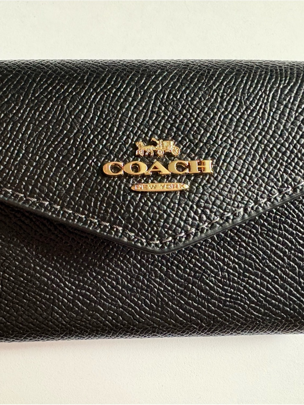 NWT Coach Black Leather Flap Card Case/Wallet with Gold Hardware, Snap Closure